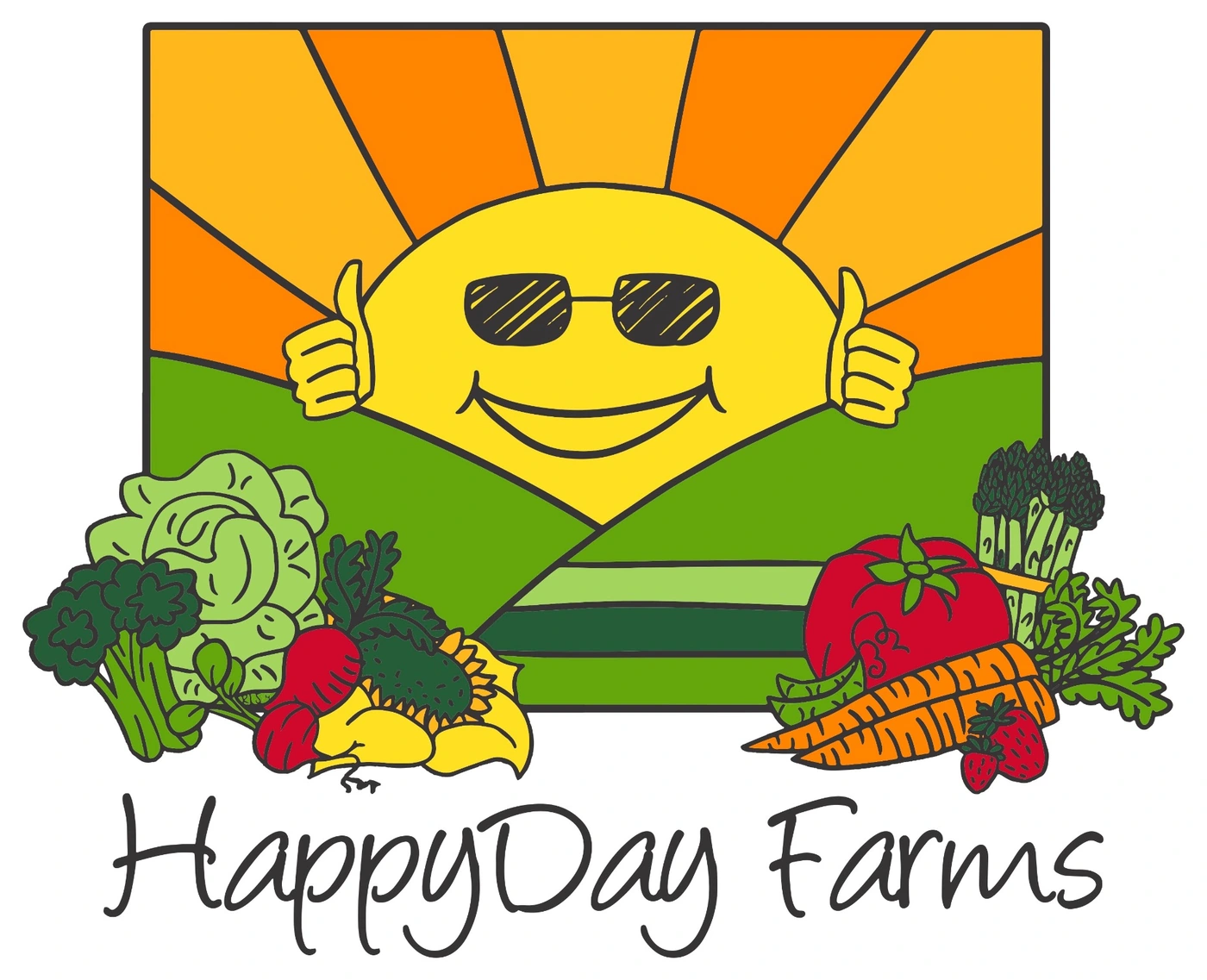 HappyDay Farms illustrated sun and farm produce logo