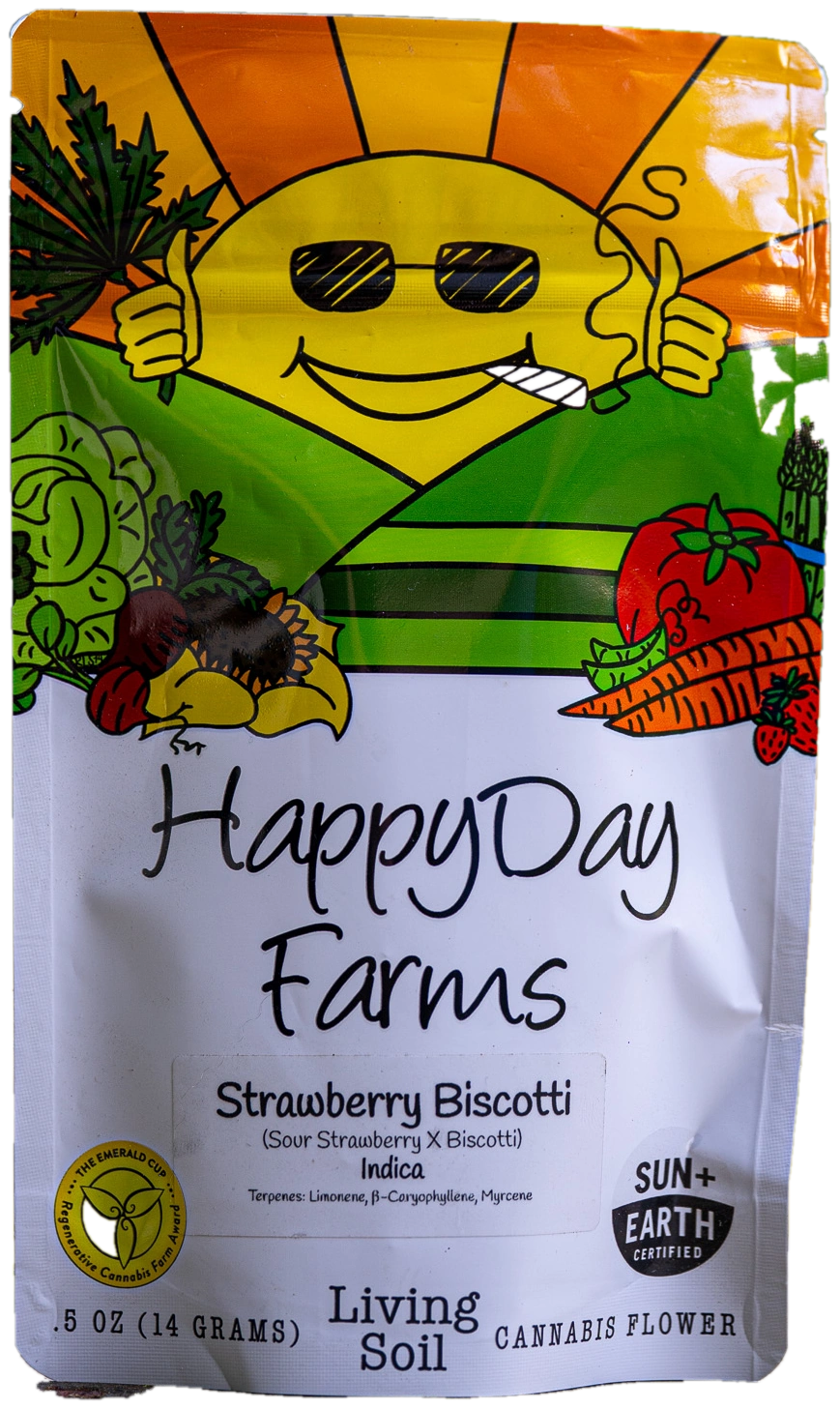 HappyDay Farms Strawberry Biscotti living soil cannabis flower bag
